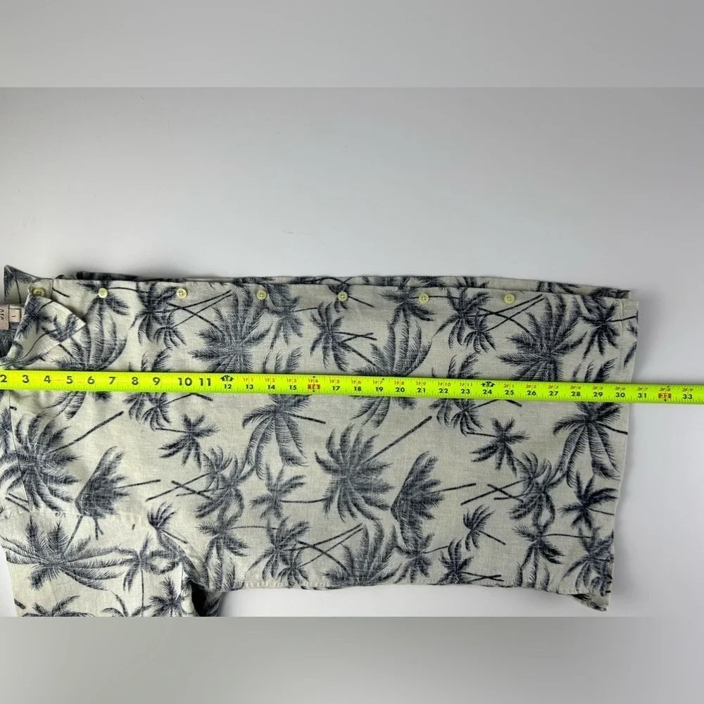 STO Men's Linen Cotton Hawaiian Shirt Palm‎ Tree Print Beige Black Size L